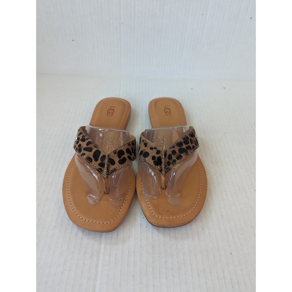 UGG Women's 6.5 Leather Tuolumne Real Cow Fur Thong Sandals Tan Brown Print New - Picture 4 of 7